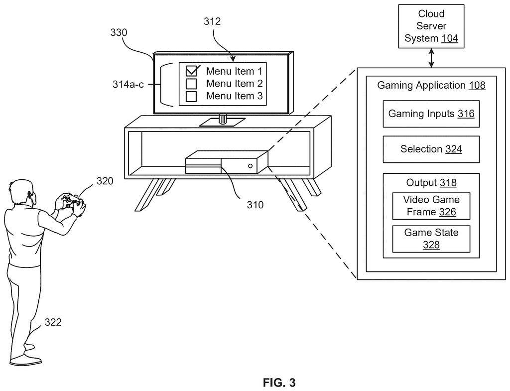 A person plays a video game on a console connected to a TV, with a menu overlay and internal gaming application components shown. Drawing from patent filing US 2026/0277782 A1.