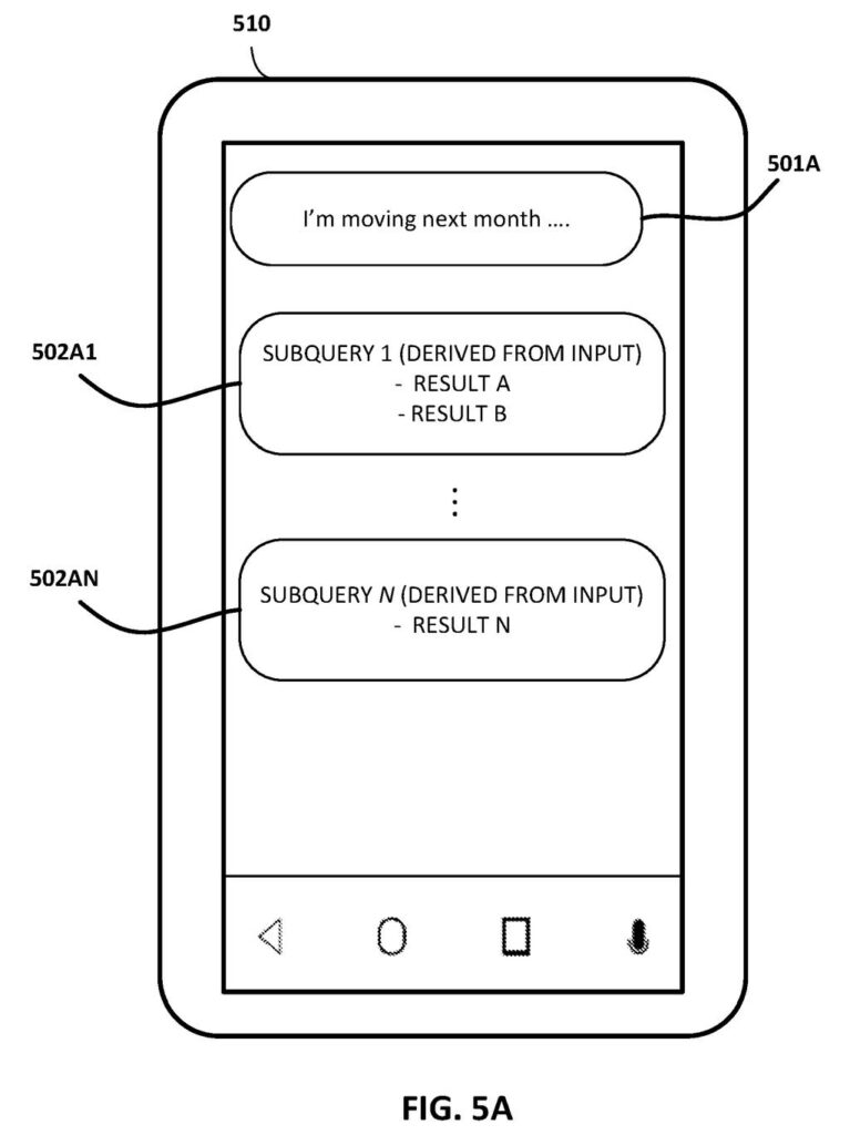 A phone screen displays a natural language input and multiple derived subqueries, each with its own search results. Drawing from patent filing US 2026/0277895 A1.