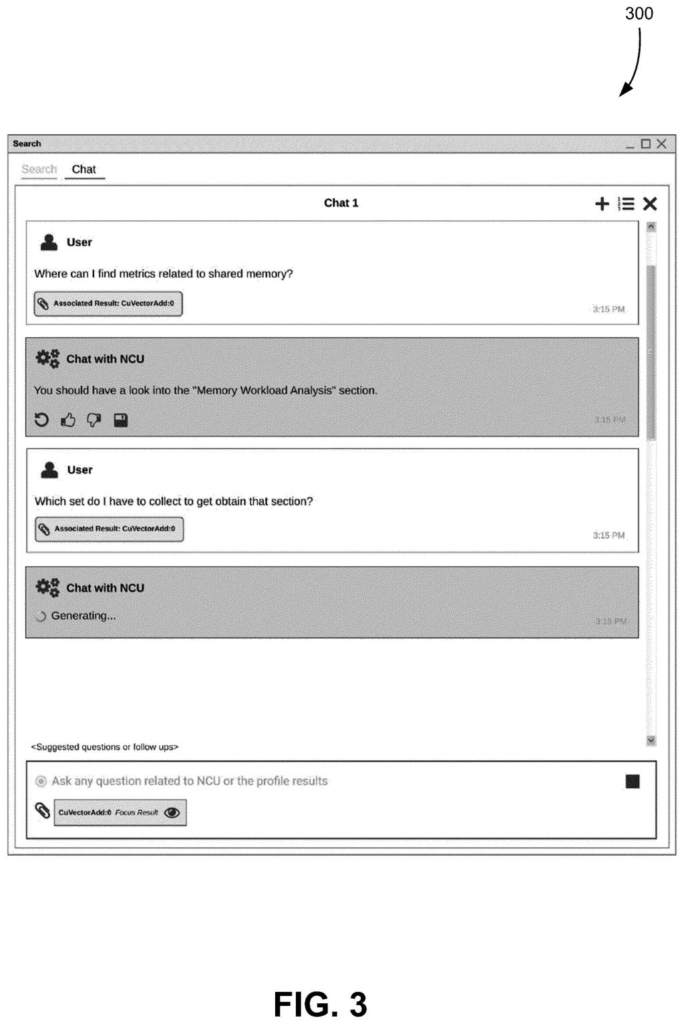 A chat interface shows a user asking an AI about GPU performance metrics and receiving guidance. Drawing from patent filing US 2026/0277953 A1.