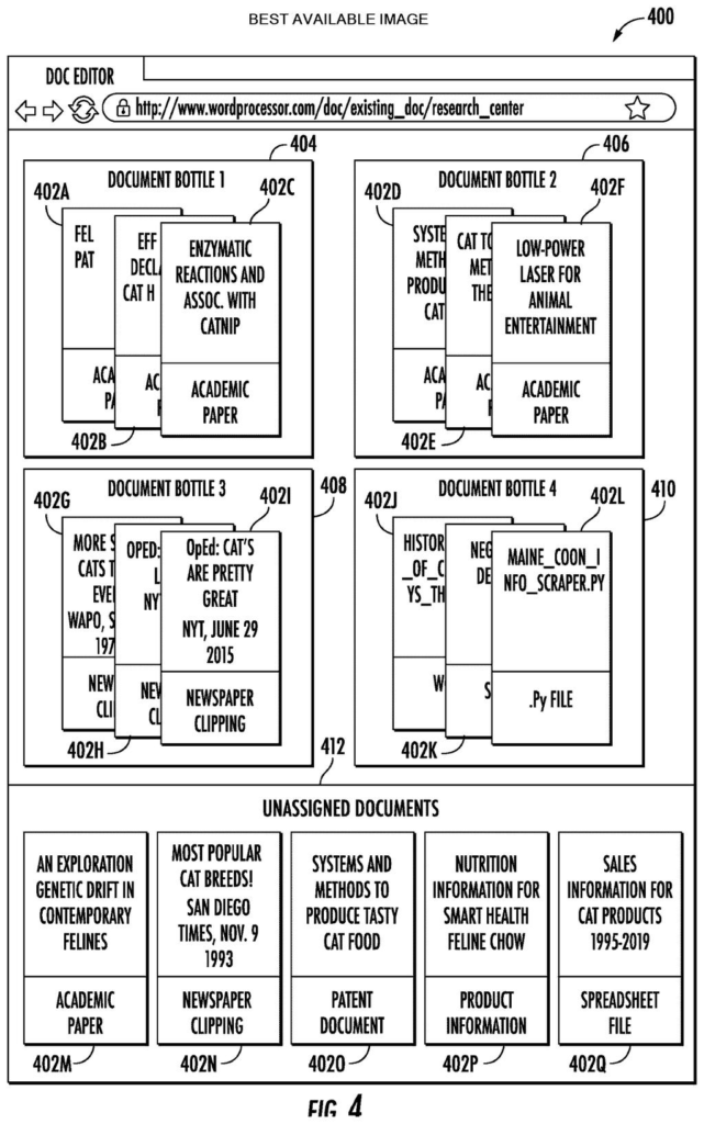 A document editor interface displays documents organized into "document bottles" and "unassigned documents" for user management. Drawing from patent filing US 2026/0278007 A1.