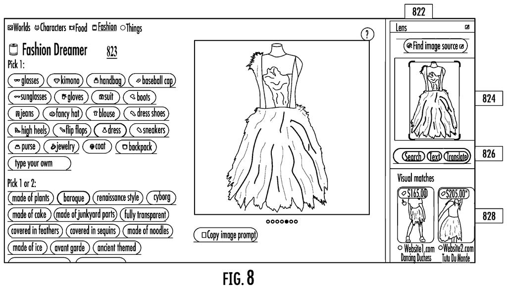 A user interface for "Fashion Dreamer" allows a user to select clothing items and styles to generate a custom image, with visual matches displayed alongside. Drawing from patent filing US 2026/0278018 A1.