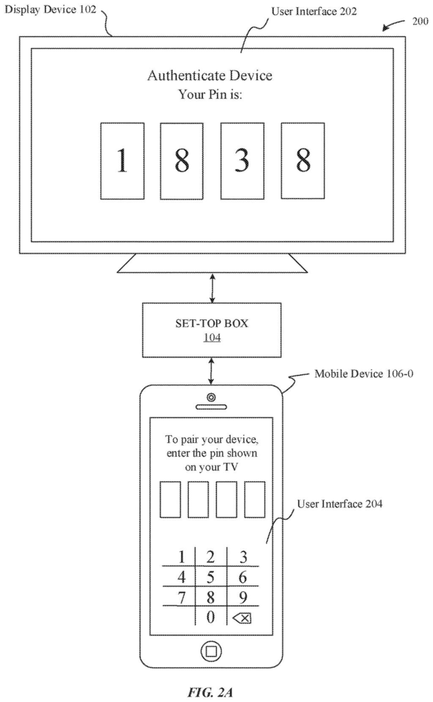 A mobile device pairs with a set-top box by entering a PIN displayed on a TV screen. Drawing from patent filing US 2026/0278066 A1.