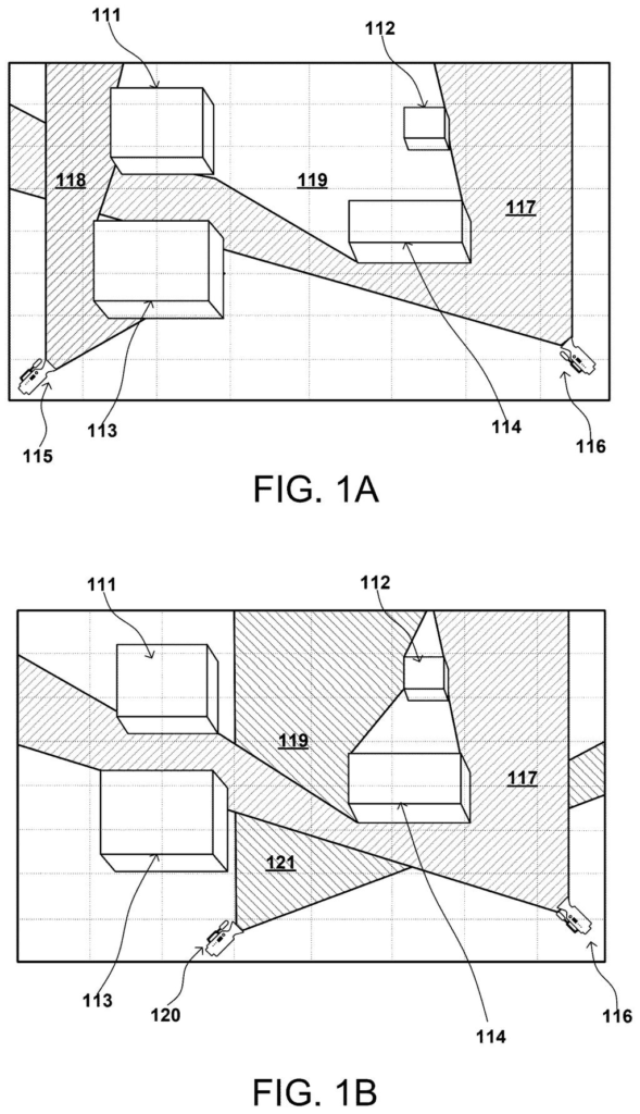 Cameras are positioned in a room with obstacles, showing visible and obstructed areas. Drawing from patent filing US 2026/0278187 A1.