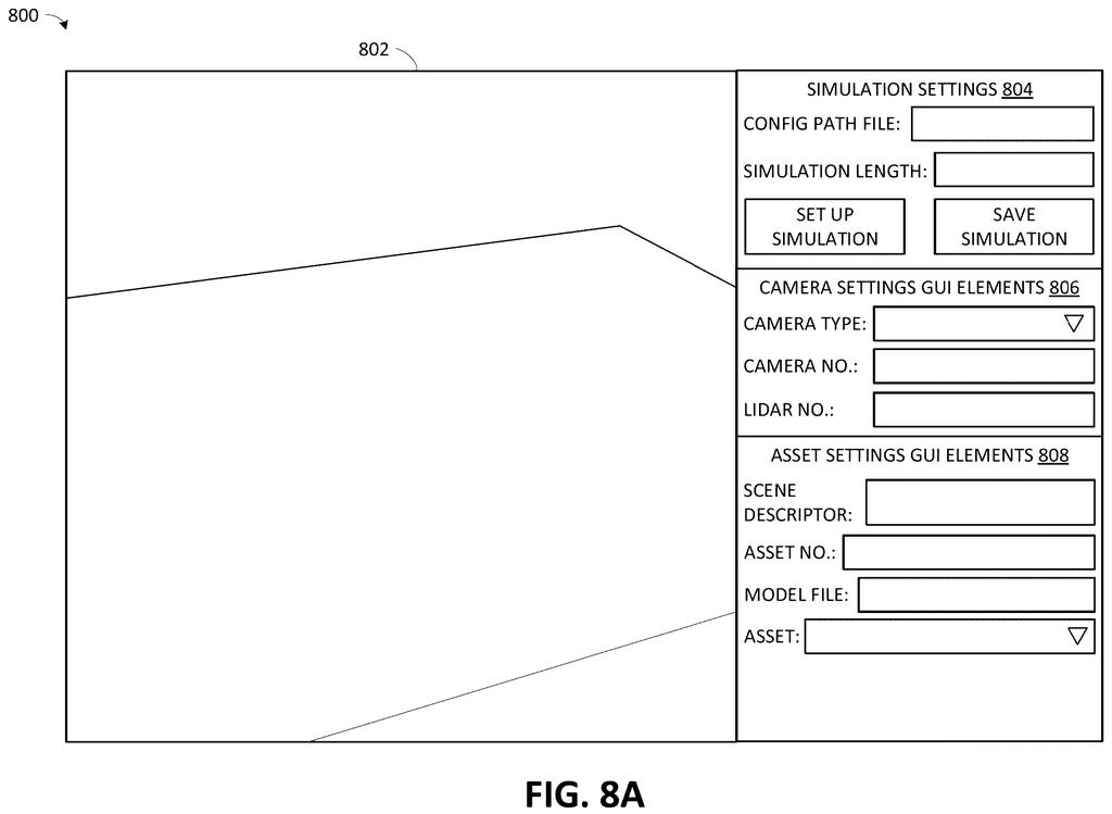 A simulated environment with four human-like assets and a panel for adjusting simulation and asset settings. Drawing from patent filing US 2026/0278210 A1.