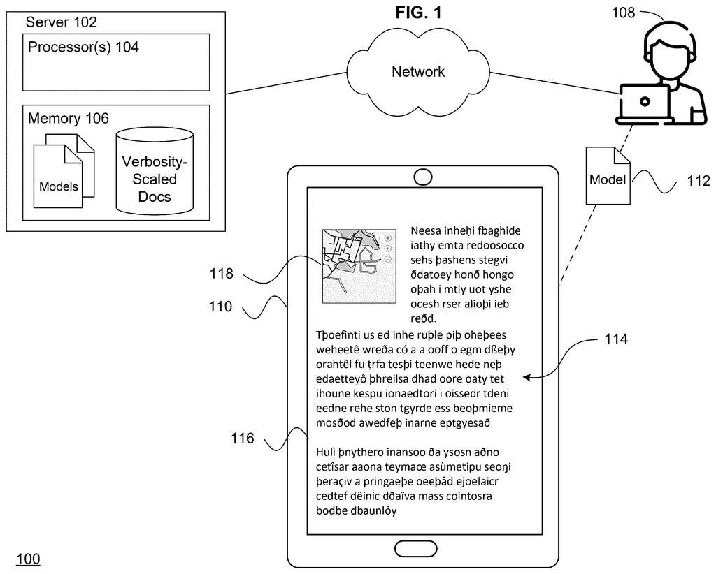 A person uses a tablet to view a document, with a server and memory system providing different text verbosity levels. Drawing from patent filing US 2026/0278239 A1.