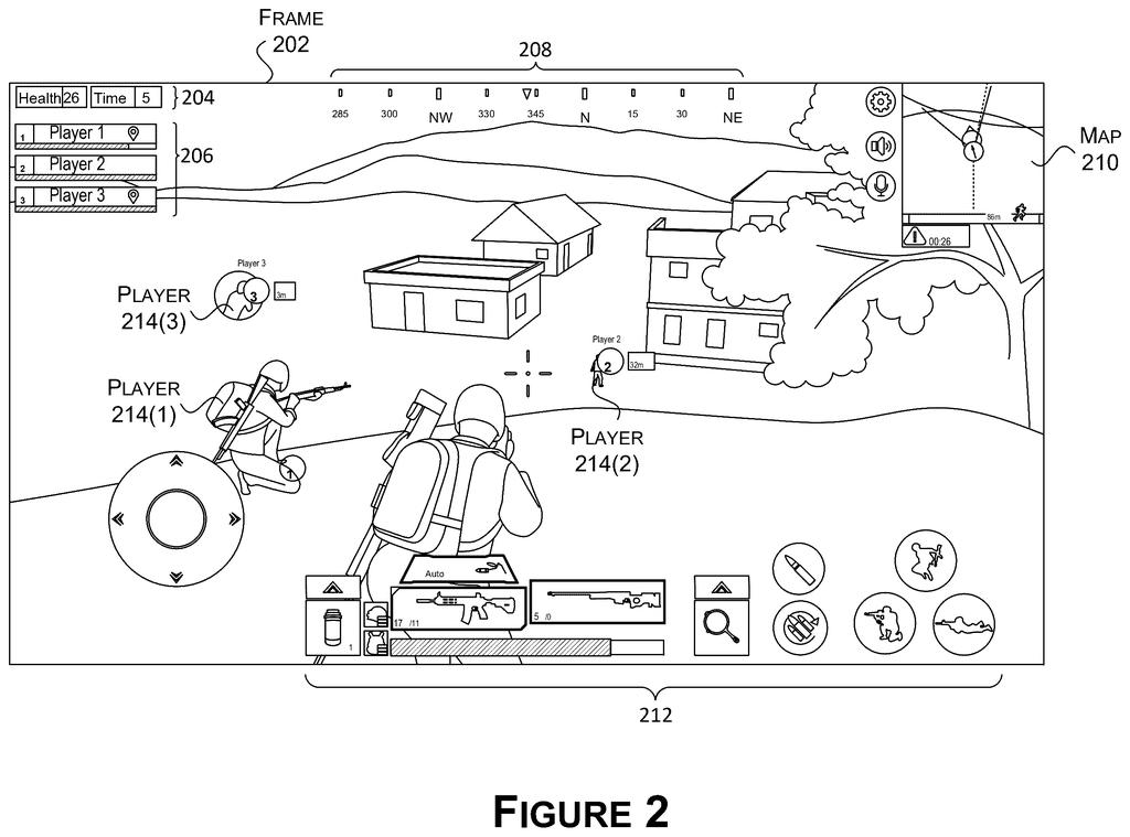 A video game interface displays multiple players, health and time indicators, a compass, and a mini-map. Drawing from patent filing US 2026/0278249 A1.