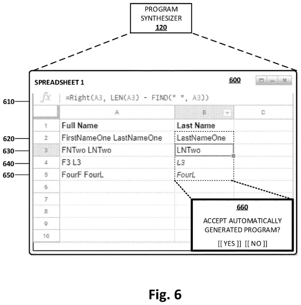 A spreadsheet interface displays a formula automatically generated based on user input, with a prompt to accept the program. Drawing from patent filing US 2026/0278259 A1.