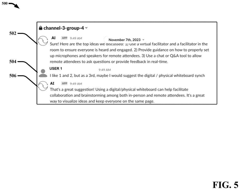 An AI assistant contributes suggestions in a group chat conversation about meeting improvements. Drawing from patent filing US 2026/0278283 A1.