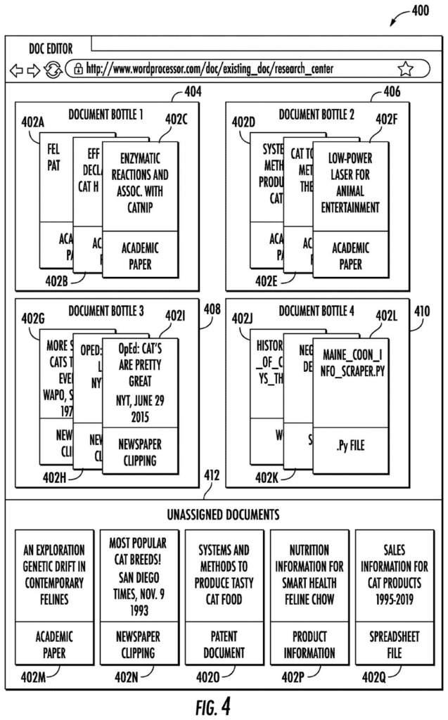 A document editor interface organizes various documents into themed "bottles" and lists unassigned documents for a user. Drawing from patent filing US 2026/0278290 A1.
