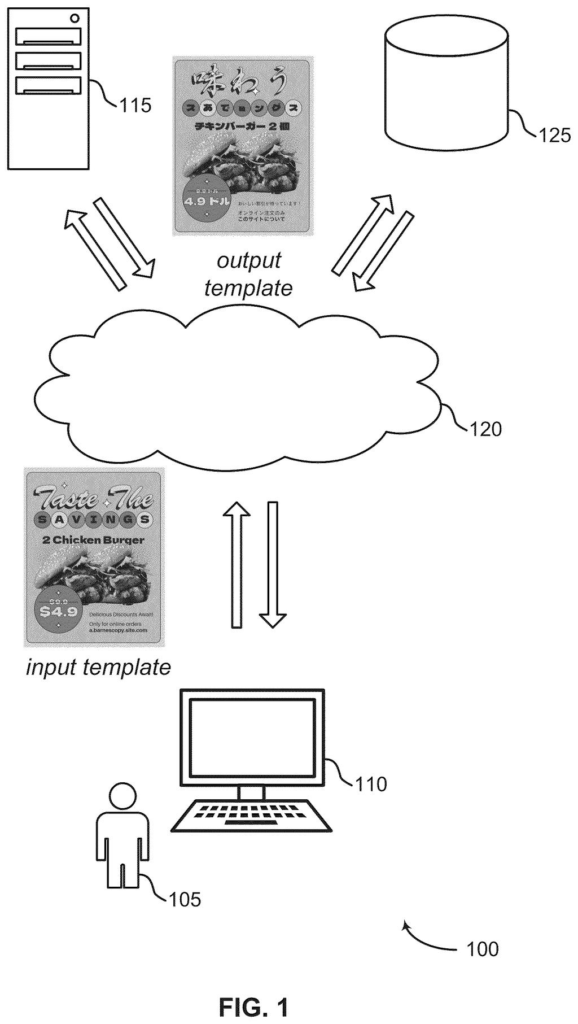 A user's computer sends an input template to a server for processing, which returns an output template in a different language. Drawing from patent filing US 2026/0278307 A1.