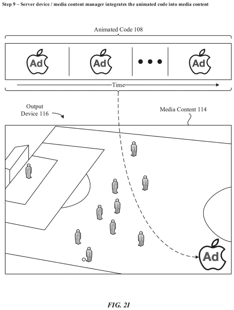 An animated code, shaped like an Apple logo with "Ad" inside, integrated into a soccer game displayed on a screen. Drawing from patent filing US 2026/0278322 A1.