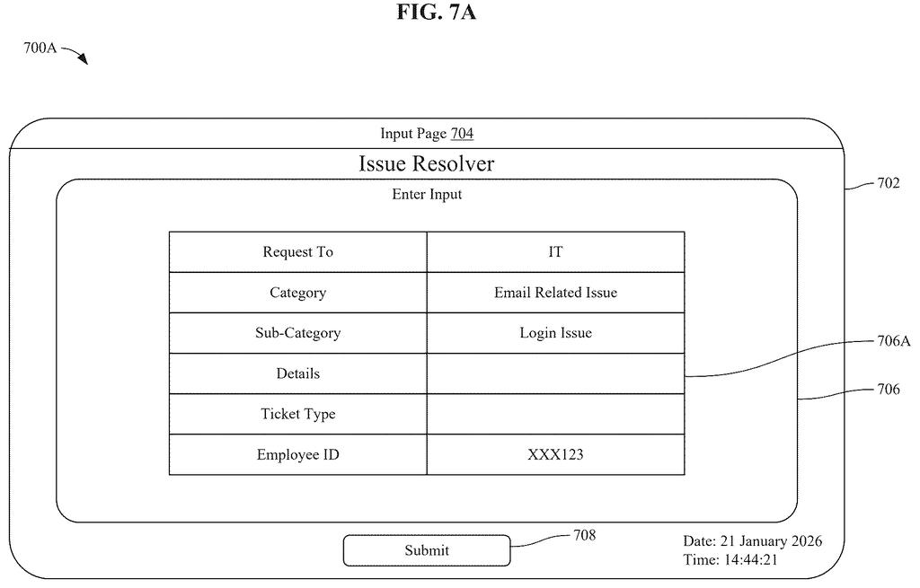 A screen for an "Issue Resolver" program, where a person enters details about an email login problem. Drawing from patent filing US 2026/0278405 A1.