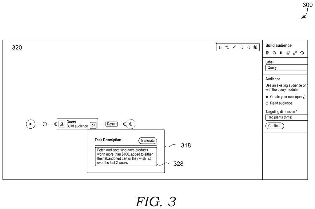 A user interface for building an audience query, showing a natural language task description being entered. Drawing from patent filing US 2026/0278505 A1.
