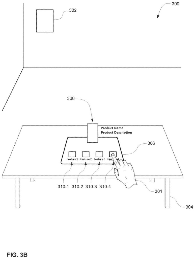 A hand interacts with a virtual product display showing features of a product on a table. Drawing from patent filing US 2026/0278670 A1.