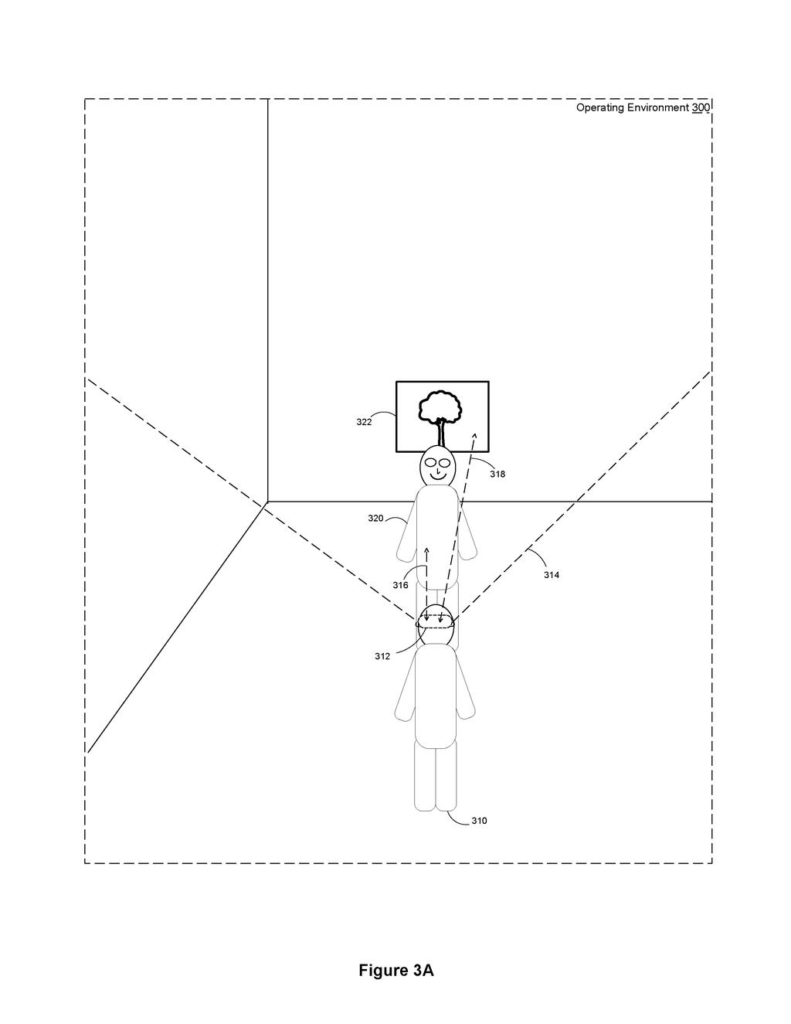 A person wearing a head-mounted device, showing how their view of an object differs from the device's perspective. Drawing from patent filing US 2026/0278732 A1.