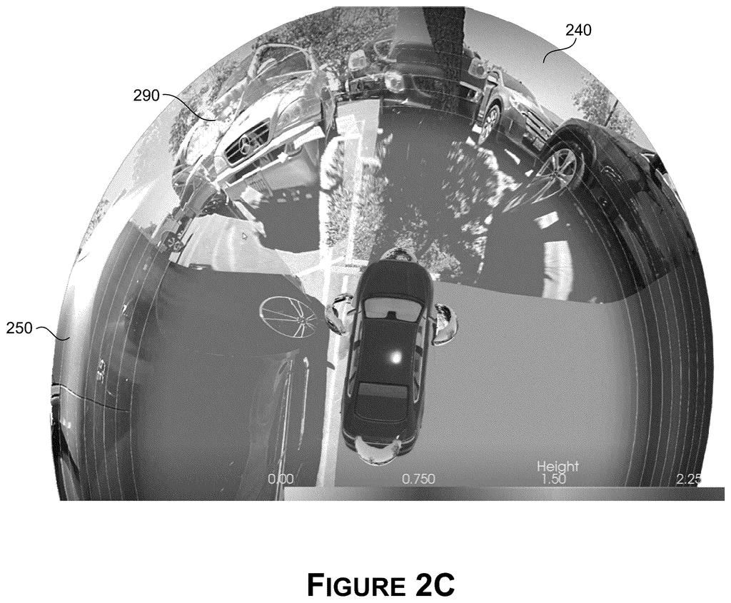 A stitched composite image from multiple cameras around a car, showing a wide-angle view of the surroundings. Drawing from patent filing US 2026/0278737 A1.