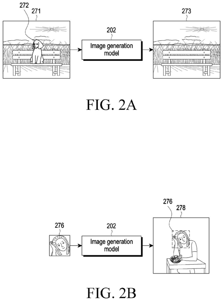 An AI photo editor expands a group photo by adding a person from a separate image. Drawing from patent filing US 2026/0278754 A1.