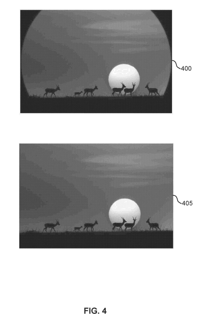 A vignetted image of deer and a moon, and the same image with the vignette removed by AI. Drawing from patent filing US 2026/0278755 A1.