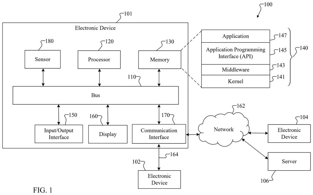 An electronic device, such as a smartphone or camera, with its internal components and connections to other devices and a network. Drawing from patent filing US 2026/0278757 A1.