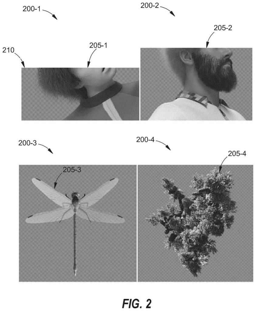 Examples of foreground objects, including a person's head and shoulders, a dragonfly, and a tree, against various backgrounds. Drawing from patent filing US 2026/0278805 A1.