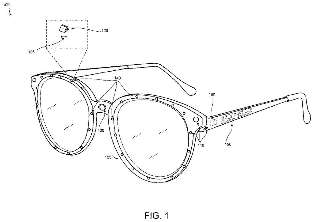 Augmented reality glasses with a multi-camera system for capturing images, including a detail camera shown in an inset. Drawing from patent filing US 2026/0278813 A1.