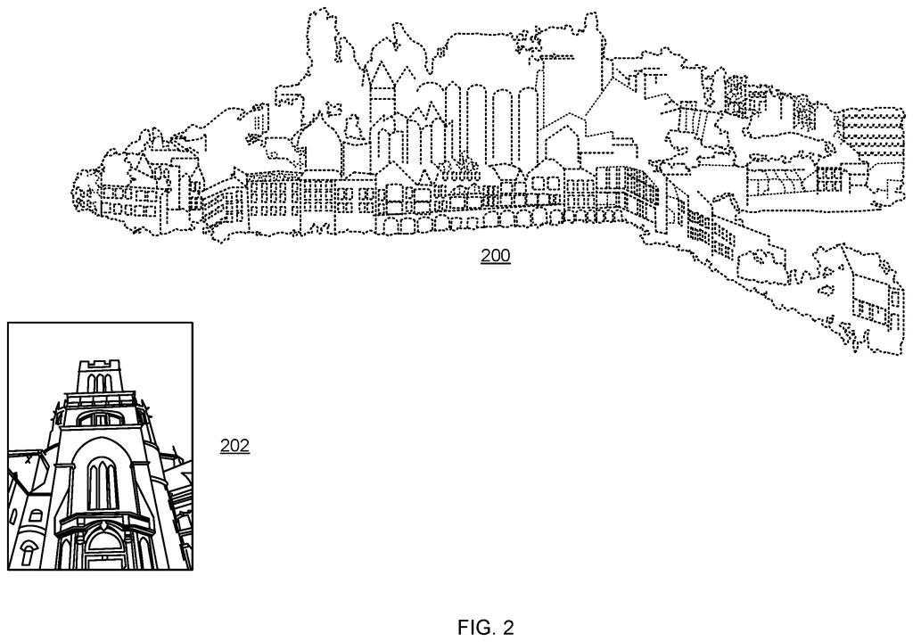 A detailed 3D map of a city and a close-up image of a building, used for location matching. Drawing from patent filing US 2026/0278835 A1.