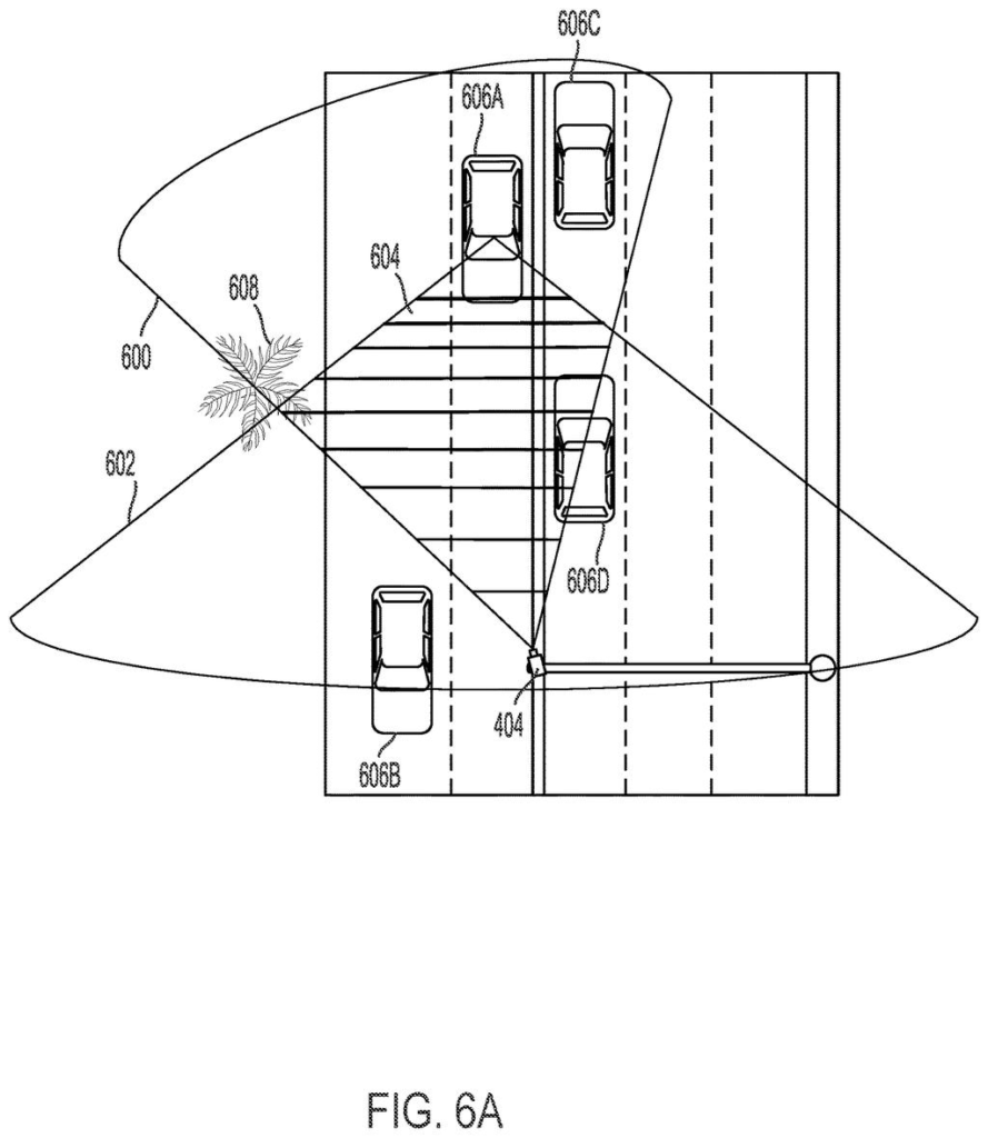 A car's camera field of view on a street with other vehicles and a pedestrian crossing. Drawing from patent filing US 2026/0278840 A1.
