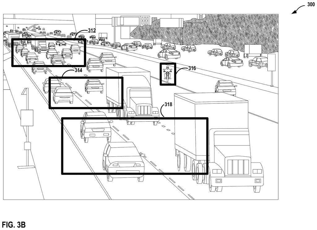 A highway scene with various vehicles and a pedestrian, segmented into regions of interest for sensor data processing. Drawing from patent filing US 2026/0278843 A1.