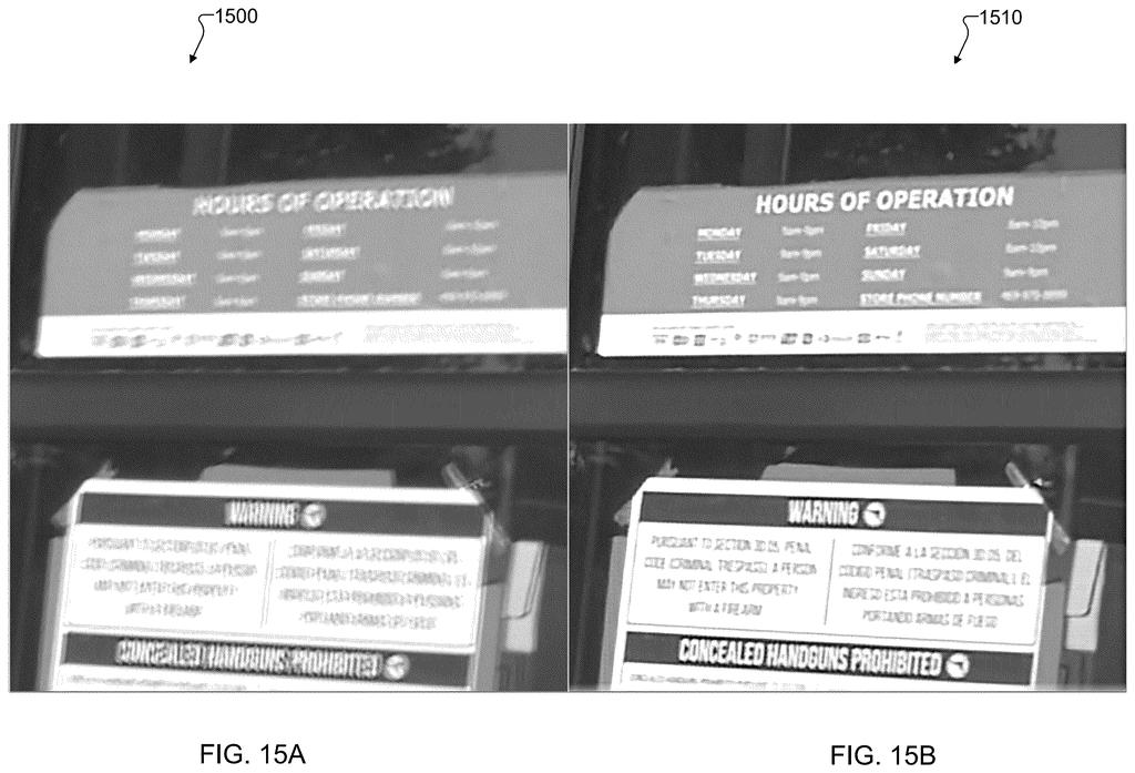 A side-by-side comparison of two images, one showing blurry text and the other showing the same text with improved clarity. Drawing from patent filing US 2026/0278844 A1.