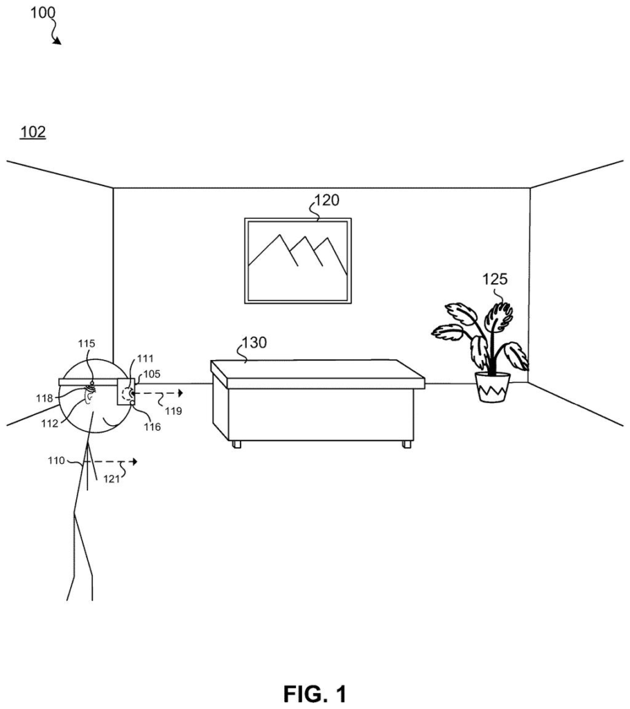 A person interacts with a virtual 3D environment, with a headset displaying a scene including a table, a picture, and a plant. Drawing from patent filing US 2026/0278850 A1.