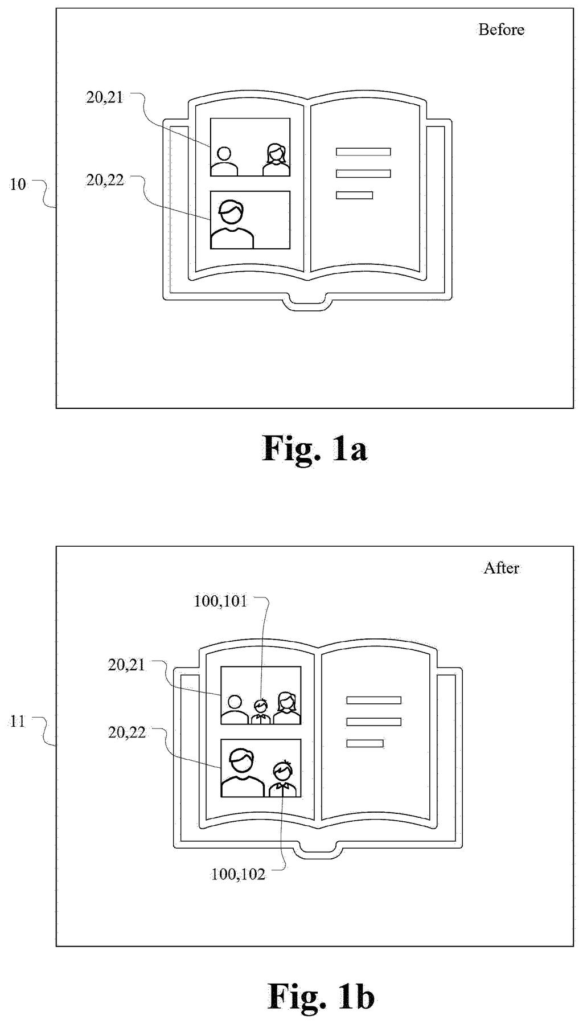 A photo album page before and after a missing person is automatically added to a group picture. Drawing from patent filing US 2026/0278875 A1.