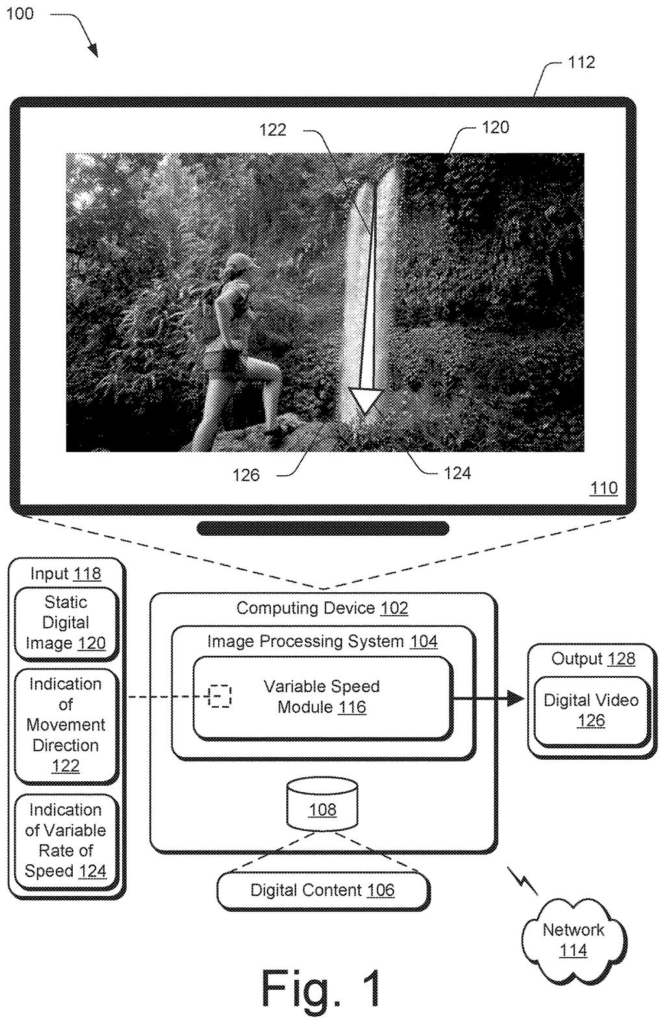 A computing device displays a static digital image with an animated waterfall, indicating movement direction and variable speed. Drawing from patent filing US 2026/0278907 A1.