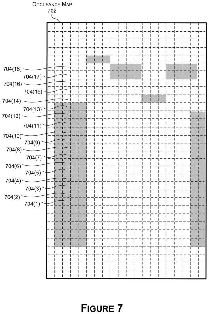 Rays originating from a self-driving car's perspective, hitting various objects in an occupancy map to determine visible and occluded regions. Drawing from patent filing US 2026/0278914 A1.