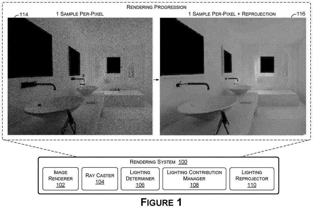A bathroom scene rendered with one sample per pixel and then with reprojection for improved visual quality. Drawing from patent filing US 2026/0278915 A1.