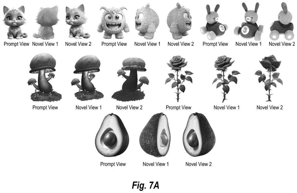 Multiple objects are shown from a prompt view and two novel views, demonstrating the AI's ability to generate new camera angles. Drawing from patent filing US 2026/0278922 A1.