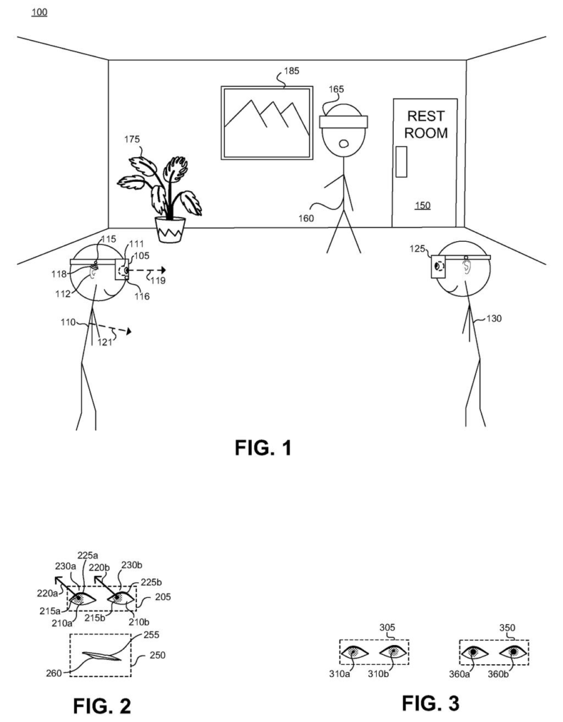 A person wearing an XR headset receives virtual guidance to navigate a physical space, with a second person also wearing a headset. Drawing from patent filing US 2026/0278925 A1.