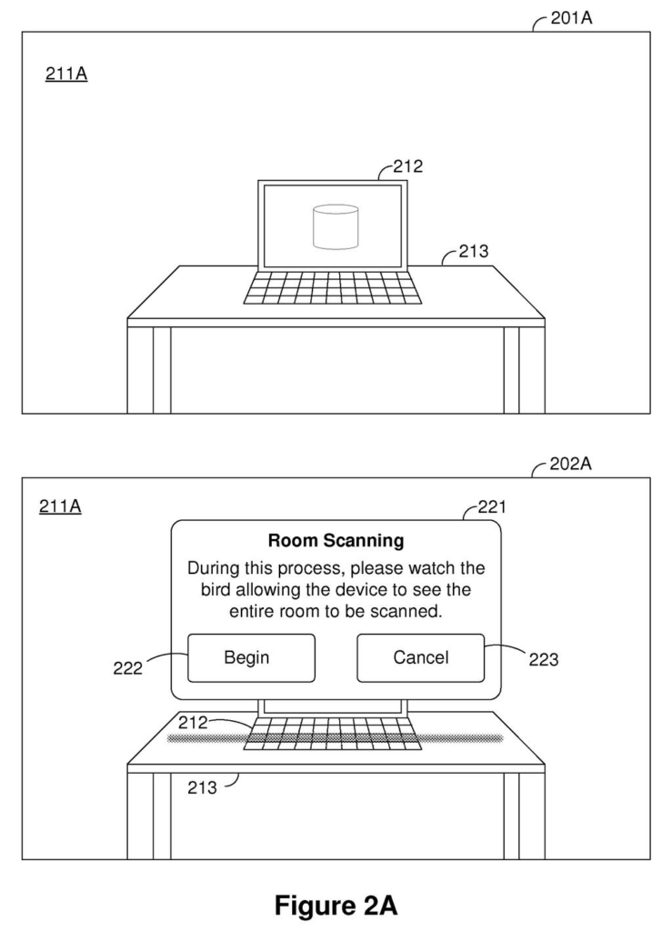A laptop displaying a "Room Scanning" prompt with "Begin" and "Cancel" buttons, ready to scan the surrounding environment. Drawing from patent filing US 2026/0278937 A1.