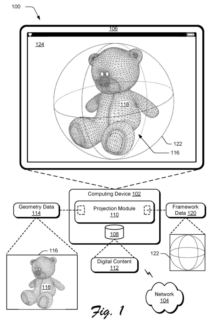 A computing device displays a 3D wireframe teddy bear within a spherical framework, with underlying data components shown. Drawing from patent filing US 2026/0278938 A1.