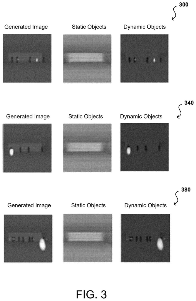 Generated images show static and dynamic objects within a simulated environment at different time steps. Drawing from patent filing US 2026/0278952 A1.
