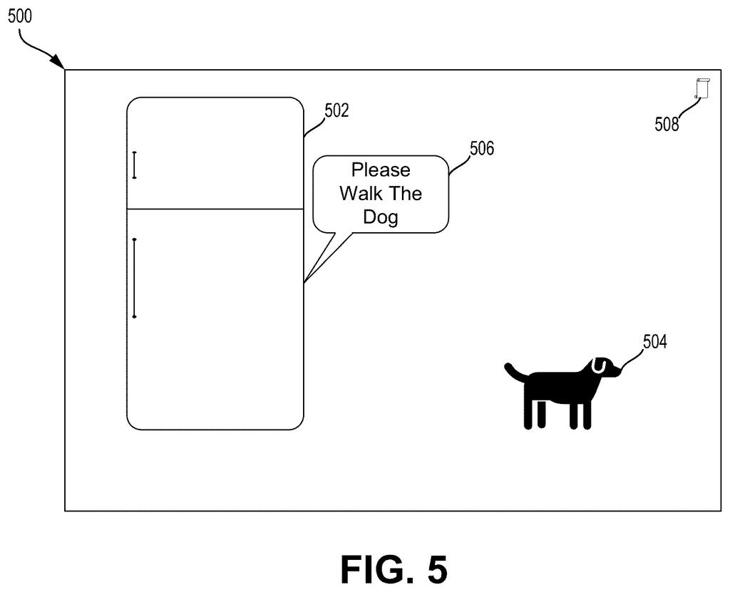 An augmented reality view shows a message anchored to a refrigerator, with a dog object nearby. Drawing from patent filing US 2026/0278957 A1.