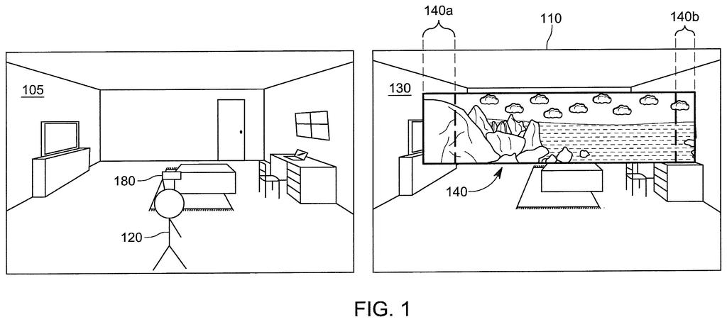 A person in a physical room views augmented reality content displayed as if recessed within a virtual window. Drawing from patent filing US 2026/0278958 A1.