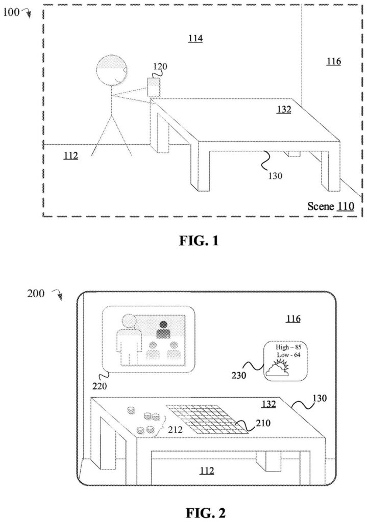 A person wearing a headset interacts with a mixed-reality environment, featuring a virtual table and projected content. Drawing from patent filing US 2026/0278963 A1.