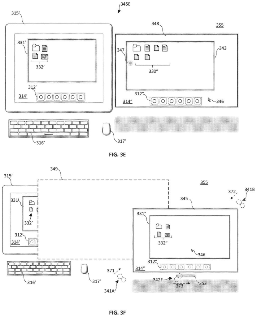A phone's display is extended onto a larger computer screen, with a user interacting with the virtual content using a mouse. Drawing from patent filing US 2026/0278965 A1.