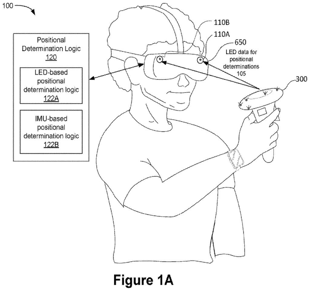 A person wearing a virtual reality headset holds a controller, with the headset tracking the controller's position using visible lights. Drawing from patent filing US 2026/0278966 A1.