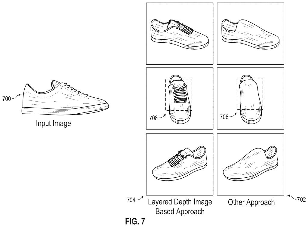 A single input image of a shoe is transformed into multiple layered depth images, creating a detailed 3D model. Drawing from patent filing US 2026/0278972 A1.