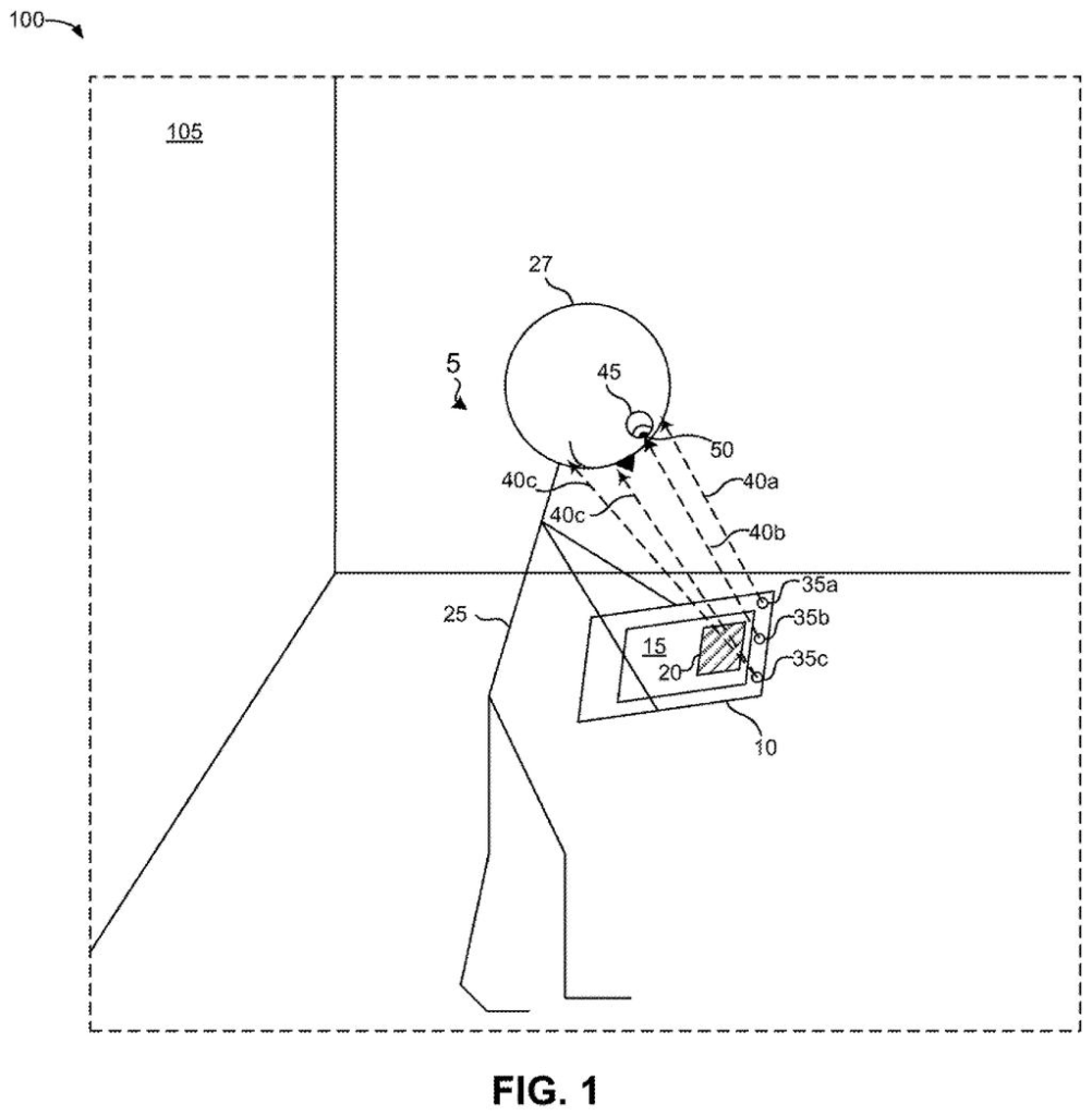 A person wearing a headset interacts with a handheld device, with eye-tracking and gaze detection indicated by dashed lines. Drawing from patent filing US 2026/0278978 A1.