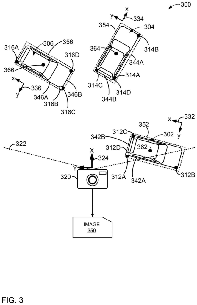 A camera captures an image of vehicles, with bounding boxes generated around them based on estimated corner positions. Drawing from patent filing US 2026/0278983 A1.
