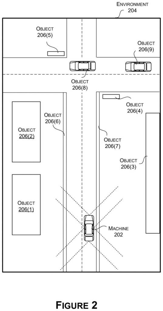 A self-driving car navigating an urban environment with other vehicles, buildings, and obstacles. Drawing from patent filing US 2026/0278990 A1.