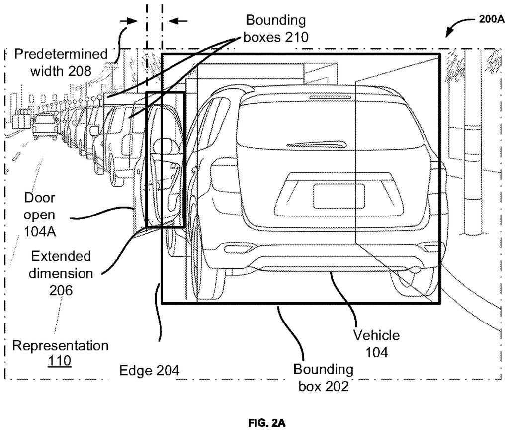 A vehicle with an open door, showing how bounding boxes are used to identify the door and its extended dimension. Drawing from patent filing US 2026/0279009 A1.