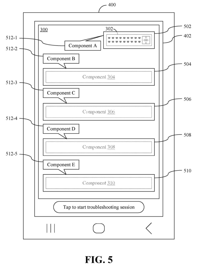 A smartphone screen displays a circuit board with augmented reality labels identifying its components. Drawing from patent filing US 2026/0279081 A1.
